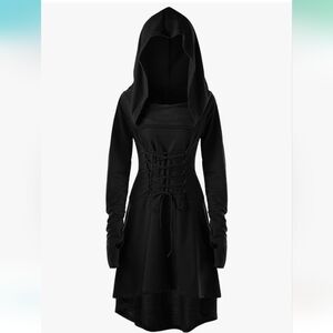 Womens Renaissance Costumes Hooded Lace Up Vintage Pullover High Low Dress